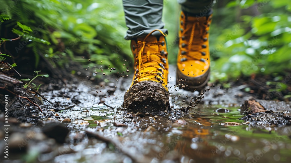 Person walking through a muddy path with determination mud splattering on their shoes Stock Photo with copy space Person walking through a muddy path with determination mud splattering on their shoes Stock Photo with copy space