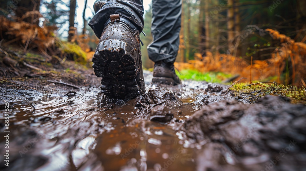 Person in rain gear navigating a muddy trail with determination and persistence Stock Photo with copy space Person in rain gear navigating a muddy trail with determination and persistence Stock Photo with copy space