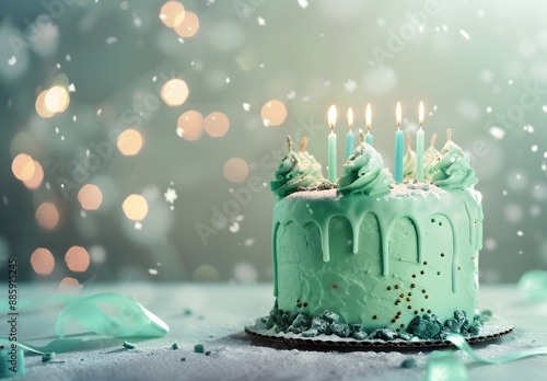 Green Birthday Cake With Candles & Snow