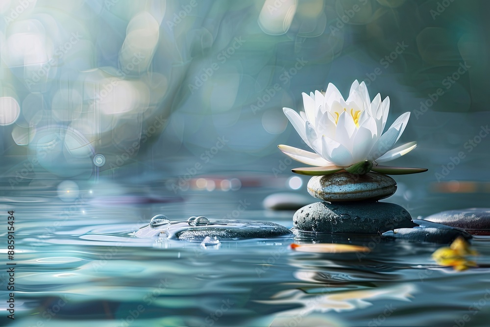 Beautiful white lotus flower and stack of shiny stones on clear water surface Beautiful white lotus flower and stack of shiny stones on clear water surface