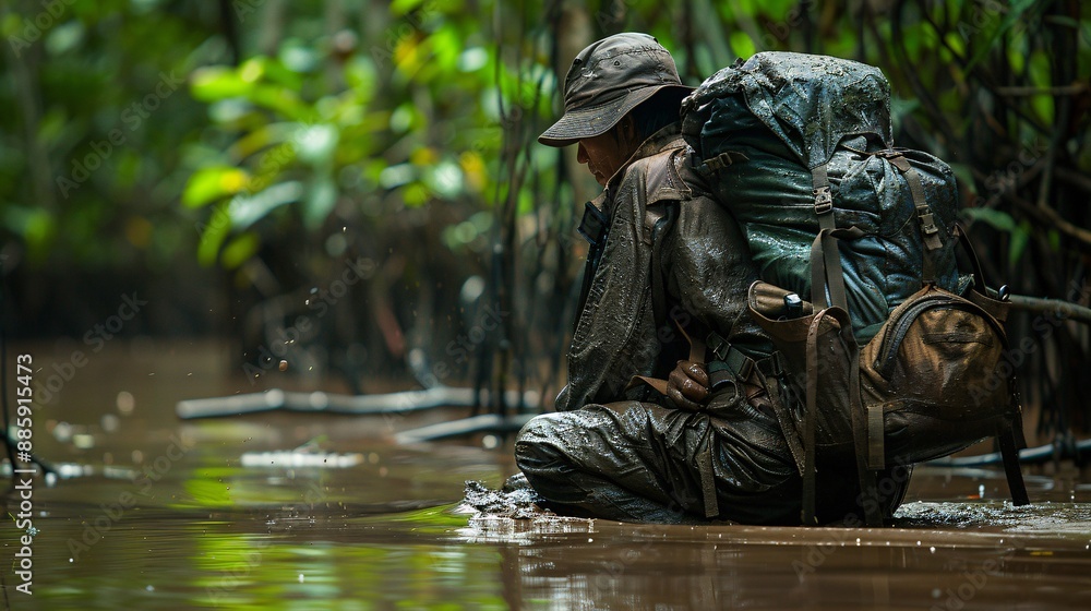 Hiker struggling through a muddy swamp their clothes and gear covered in mud Stock Photo with copy space Hiker struggling through a muddy swamp their clothes and gear covered in mud Stock Photo with copy space