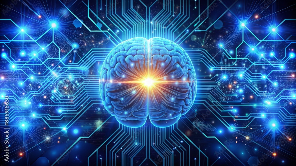 Intricate illustration of glowing blue neural network and brain waves surrounded by futuristic vector logos and circuitry patterns. Intricate illustration of glowing blue neural network and brain waves surrounded by futuristic vector logos and circuitry patterns.