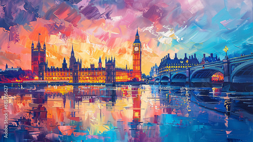 Vibrant Contemporary Oil Painting of Big Ben and Houses of Parliament in London, UK
