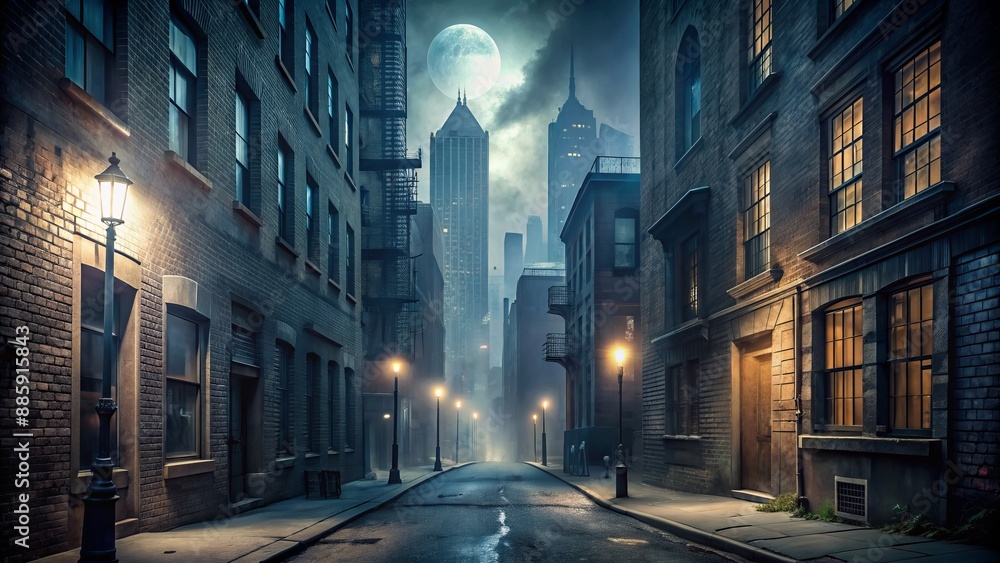Obraz premium Dark and mysterious fog-shrouded alleyway lined with towering city buildings and deserted streets under a moonless urban night sky.