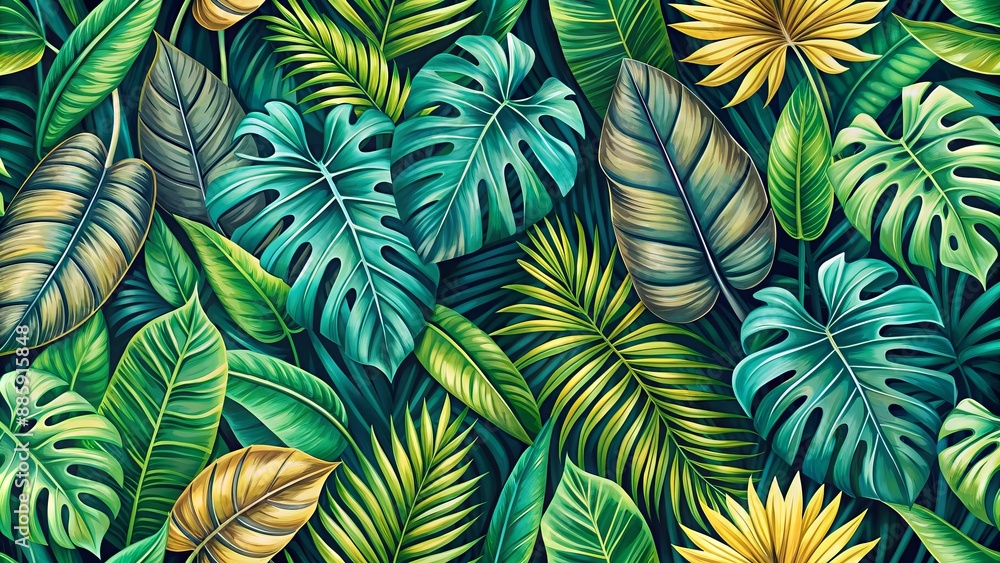 Vibrant hand-drawn tropical seamless pattern featuring palm leaves, monstera, colocasia, and banana foliage for design and decorative uses. Vibrant hand-drawn tropical seamless pattern featuring palm leaves, monstera, colocasia, and banana foliage for design and decorative uses.