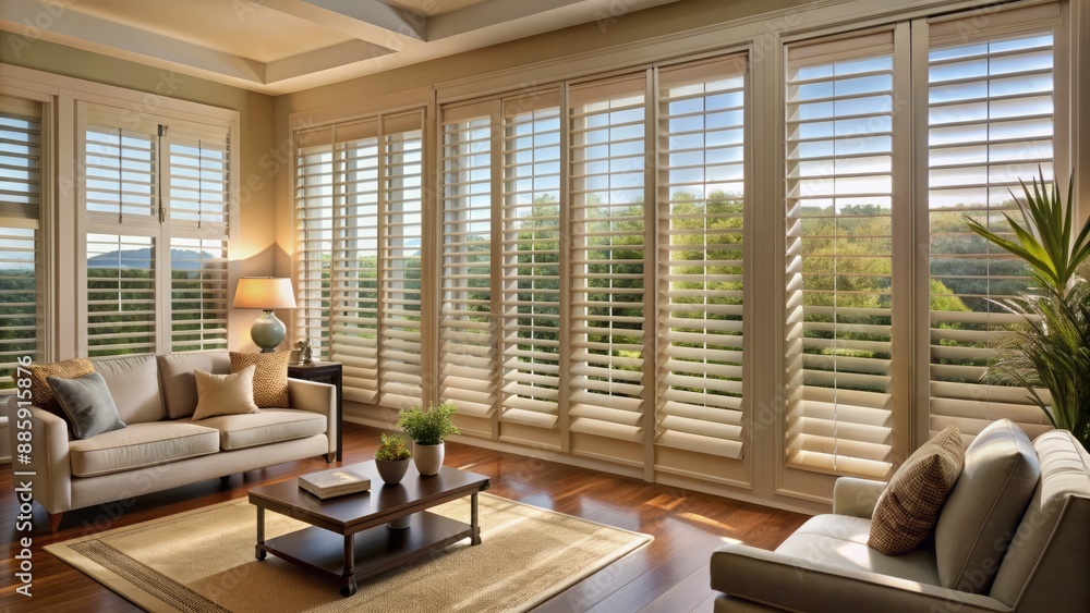 Fototapeta premium Elegant window treatments showcase adjustable mounted louvers on solid frames, allowing precise light control in a stylish, refined interior setting.