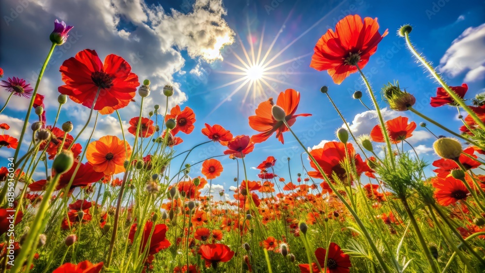 Vibrant red wildflowers stretch towards the sky, swaying gently in the breeze, amidst a warm sun-kissed summer landscape backdrop. Vibrant red wildflowers stretch towards the sky, swaying gently in the breeze, amidst a warm sun-kissed summer landscape backdrop.