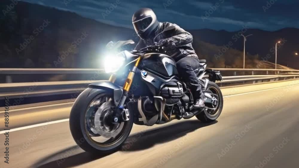 Man on a motorcycle rushes along the highway at night. With a helmet. Man on a motorcycle rushes along the highway at night. With a helmet.