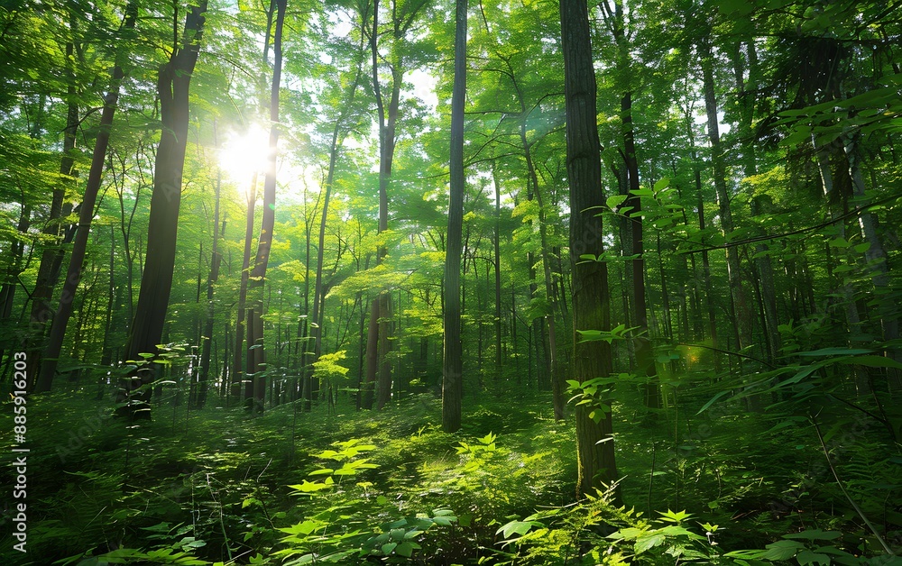 Fototapeta premium Sunlight Through Lush Green Forest Canopy