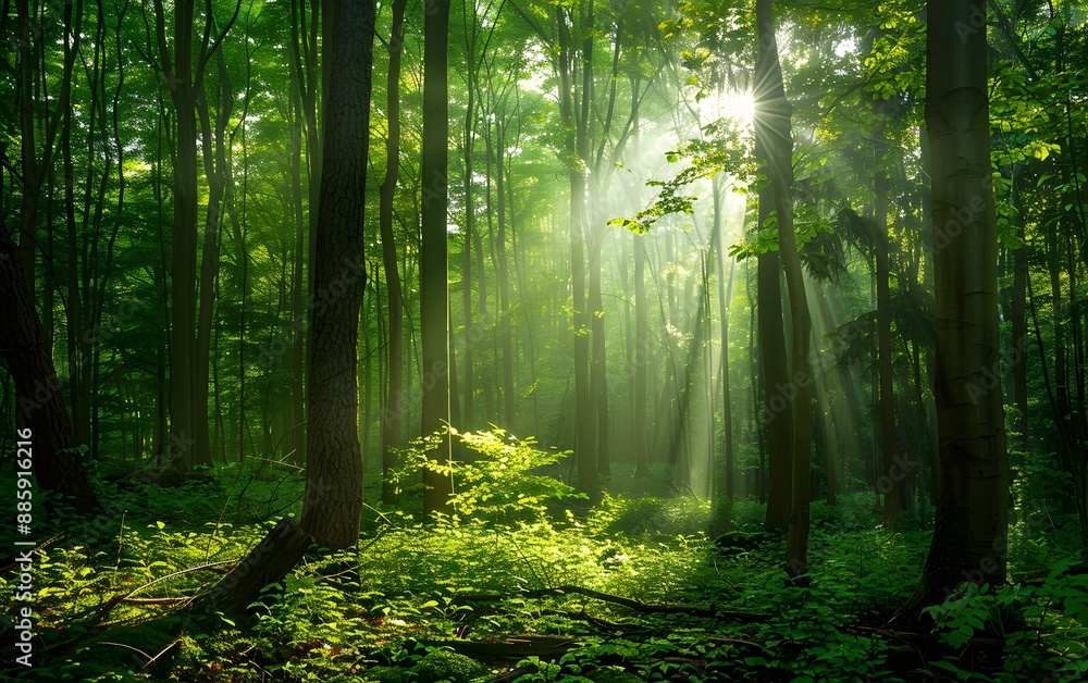 Obraz premium Sunbeams Through Lush Green Forest