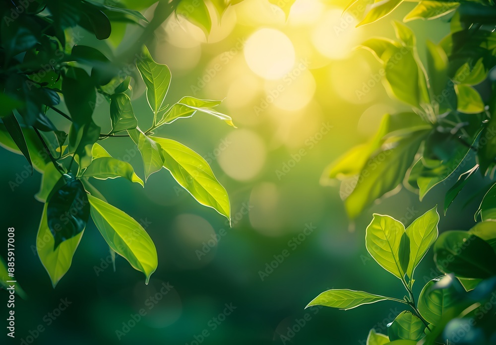Obraz premium Sunlight Through Green Leaves Bokeh Background