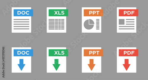 modern office electronic documents file formats DOC XLS PPT PDF, download symbol, colorful vector icons set