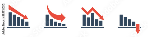 bar chart with falling trend and red arrow, negative or positive dynamic concept, 4 different vector icon, market or economical indicators