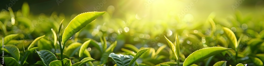 Green Tea Leaves In Sunlight, Close Up Green Tea Leaves In Sunlight, Close Up