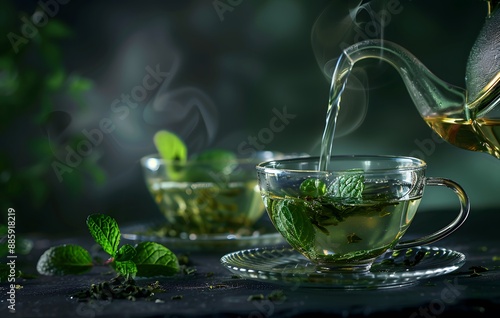 Pouring Green Tea With Mint Into Glass Cup