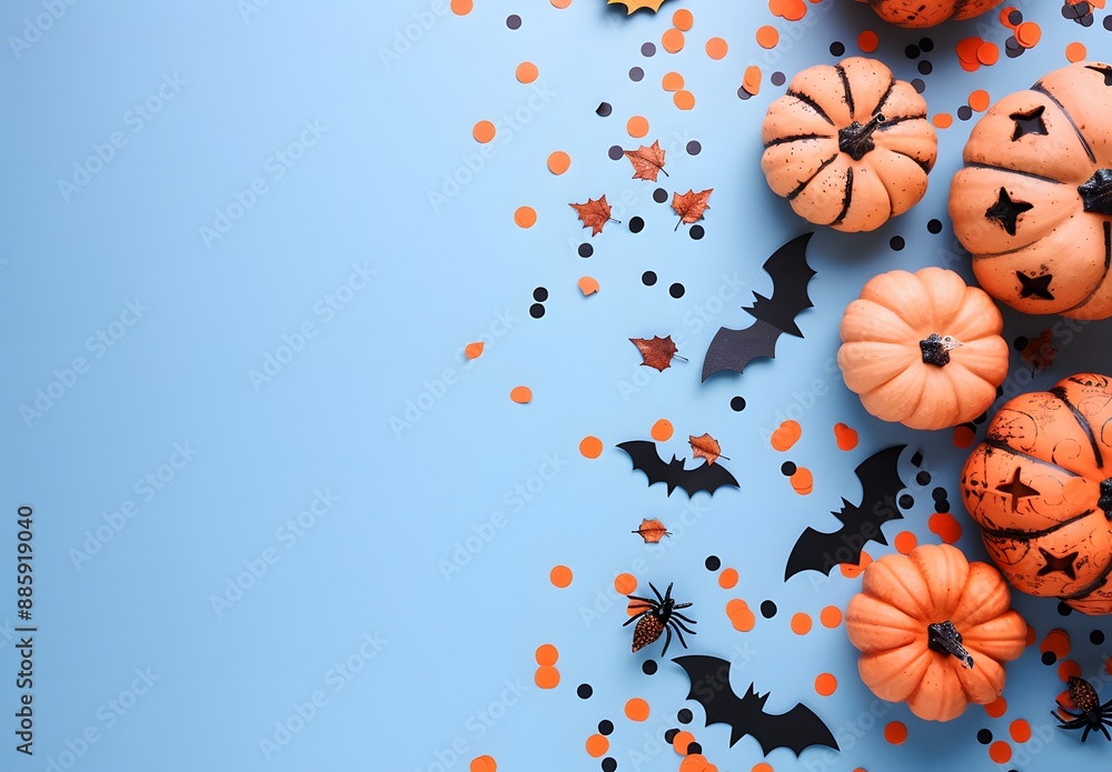 Halloween Pumpkins, Bats, and Confetti on Blue Halloween Pumpkins, Bats, and Confetti on Blue