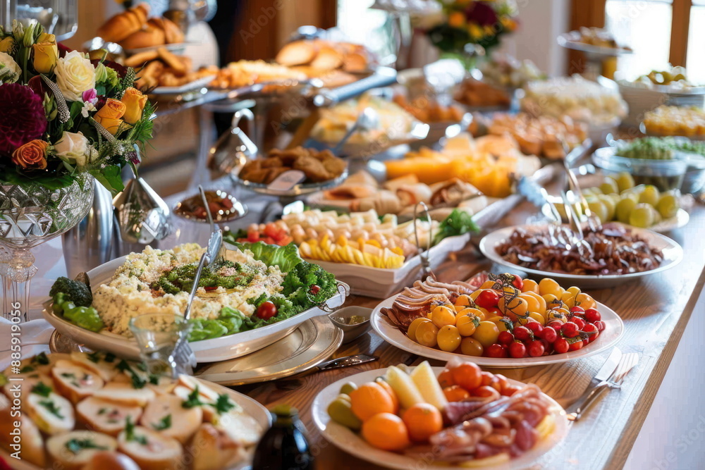 buffet foods on long table, Celebration, luxury food buffet foods on long table, Celebration, luxury food
