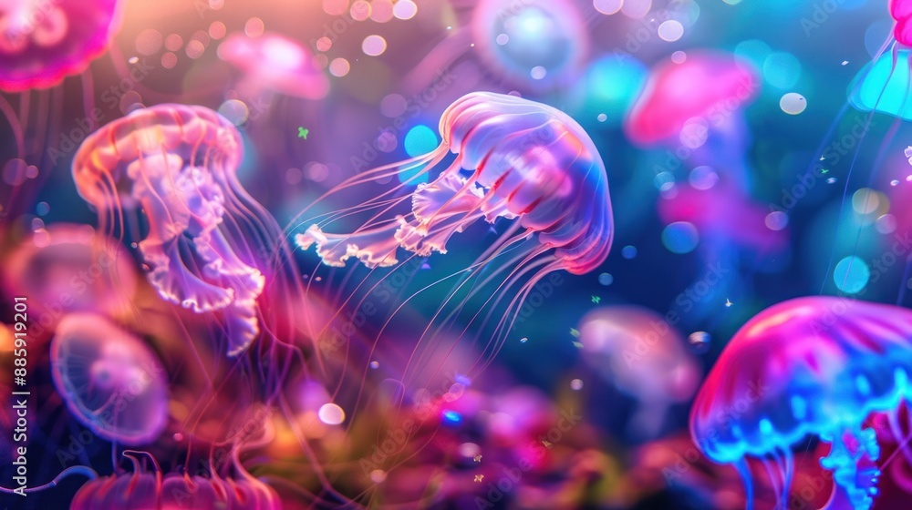 Vibrant Jellyfish in a Neon Ocean Vibrant Jellyfish in a Neon Ocean