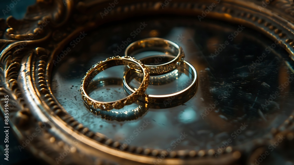 Close up of two magnificent gold wedding bands mounted on a mirror Close up of two magnificent gold wedding bands mounted on a mirror