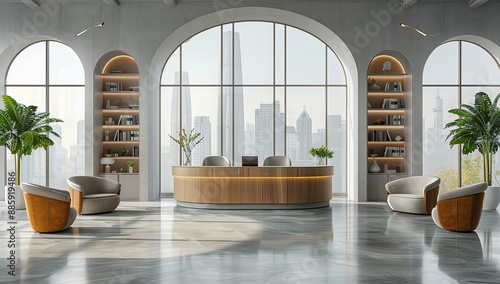Modern minimalist reception desk in an office with arched windows and tall columns in the background. 
