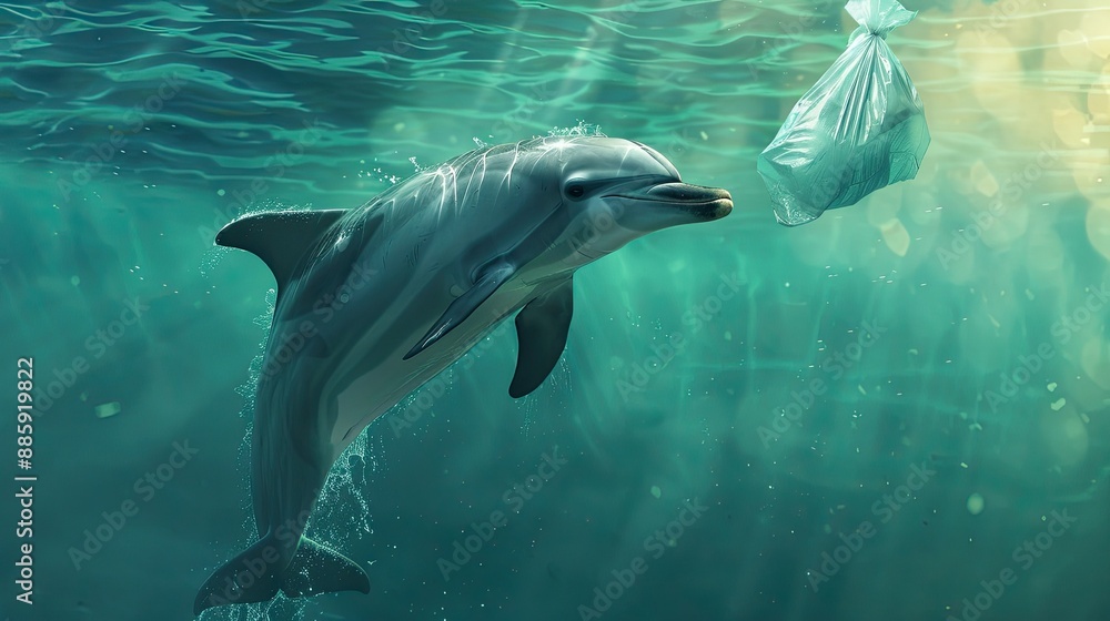 Obraz premium A dolphin encountering a plastic bag while swimming in the sea.