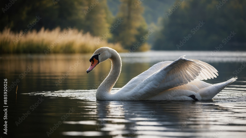 Fototapeta premium Graceful Swan Gliding Serenely on Calm Lake