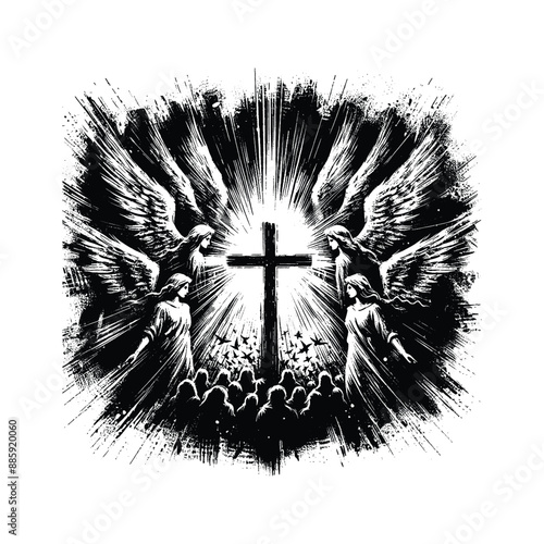 Angelic Light Piercing Darkness, Depict angels surrounding the cross illuminating the scene