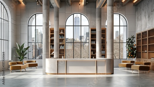Modern minimalist reception desk in an office with arched windows and tall columns in the background. 