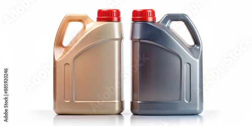 Two plastic bottles for automotive fluids with labels, isolated on white background, car, vehicle, maintenance, gasoline