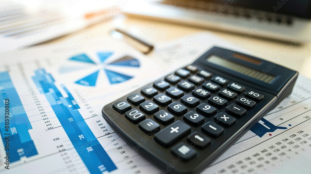 Office desk setup with calculator and financial papers. Internal Revenue Service audit on earnings and loans. Office desk setup with calculator and financial papers. Internal Revenue Service audit on earnings and loans.