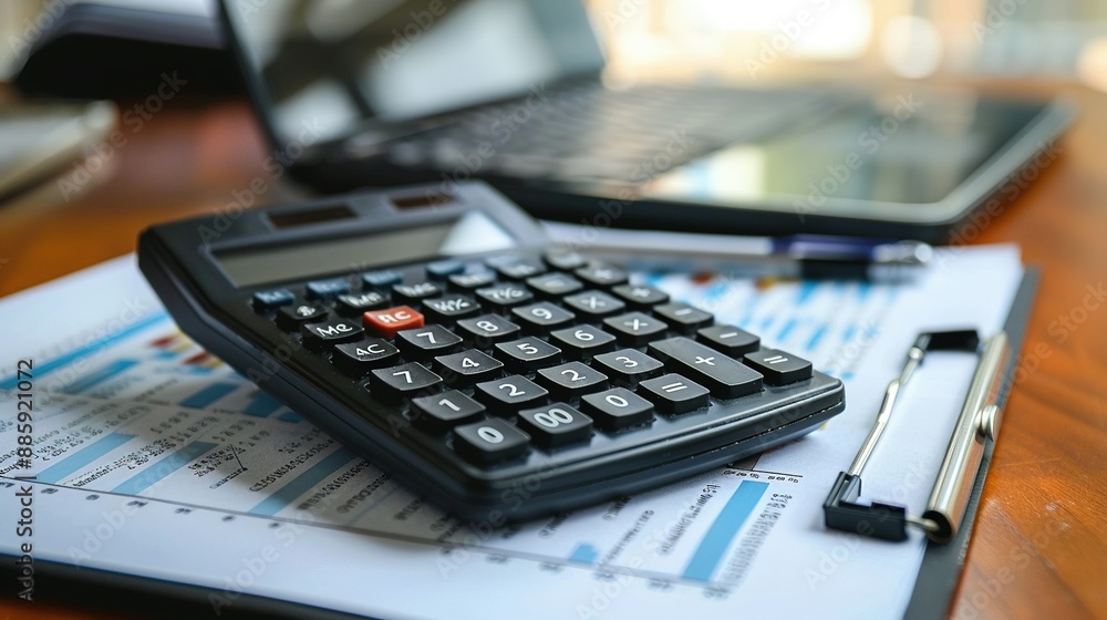 Office desk setup with calculator and financial papers. Internal Revenue Service audit on earnings and loans. Office desk setup with calculator and financial papers. Internal Revenue Service audit on earnings and loans.