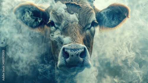 Cow's face with methane emission visuals illustrating the impact of flatulence and burping photo