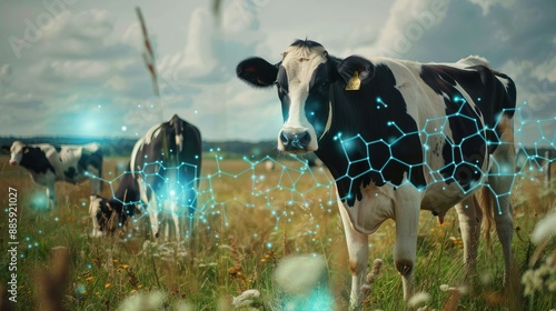 Cows in a pasture, with graphics showing methane emissions from burping and flatulence photo