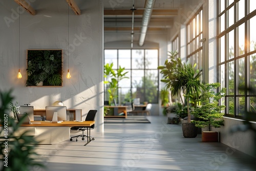 Modern Office Space with White Walls and Large Windows, Featuring Computers on Desks, Open Plan Area for Team Collaboration, and Plants for a Green and Inviting Environment
