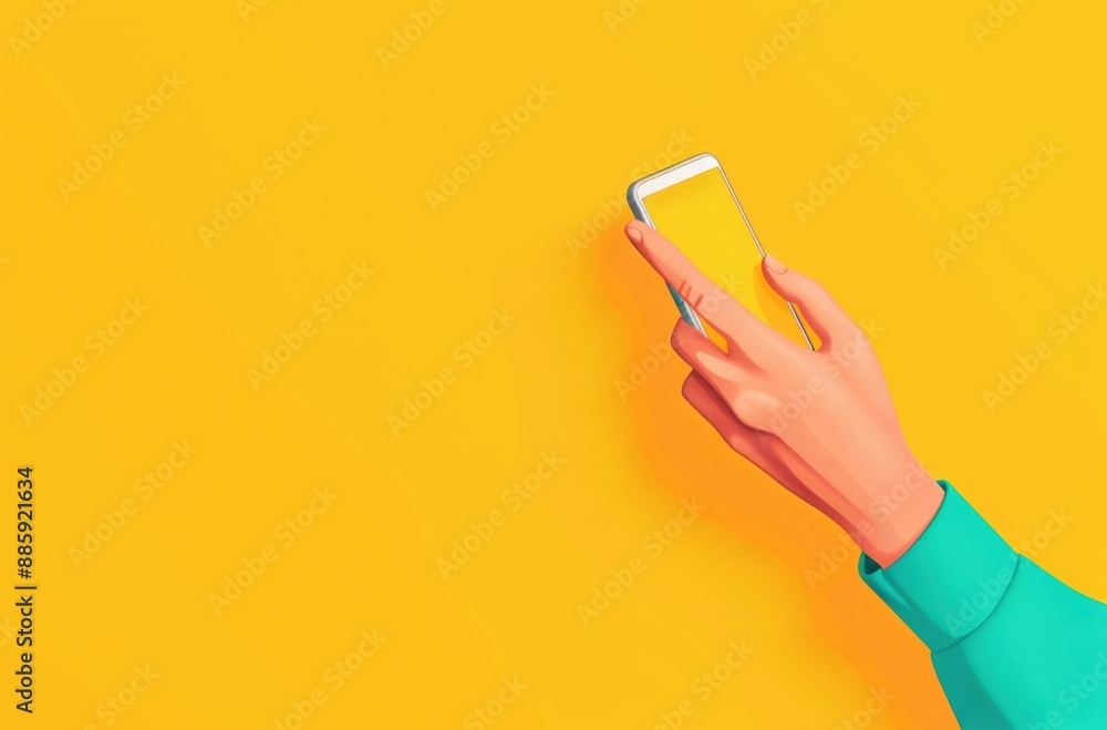 Hand holding a smartphone on a vibrant yellow background, representing communication, technology, and modern lifestyle. Hand holding a smartphone on a vibrant yellow background, representing communication, technology, and modern lifestyle.