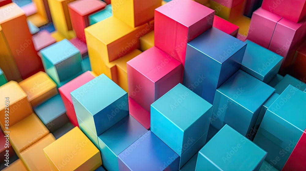 Array of abstract cubes in contrasting colors, arranged artistically to emphasize geometric shapes and patterns. Array of abstract cubes in contrasting colors, arranged artistically to emphasize geometric shapes and patterns.