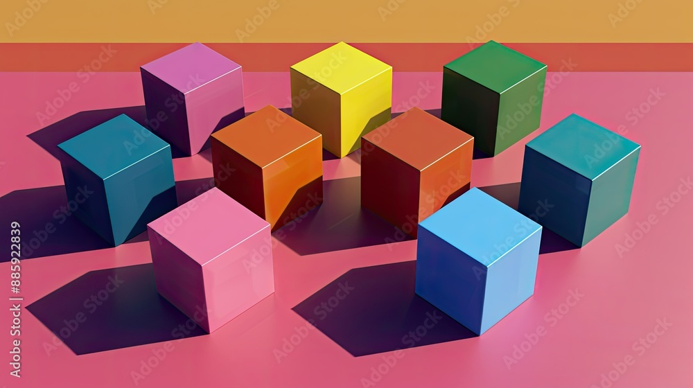 Collection of 3D cubes in various hues, casting shadows to enhance depth and artistic impact. Collection of 3D cubes in various hues, casting shadows to enhance depth and artistic impact.