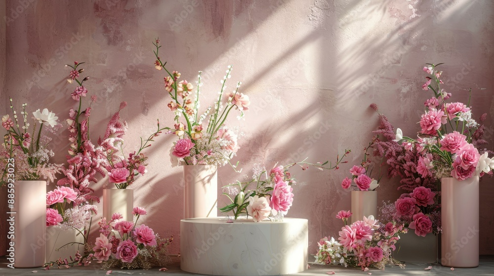 Elegant pink floral arrangements around a podium, ideal for spring product displays on a table Elegant pink floral arrangements around a podium, ideal for spring product displays on a table