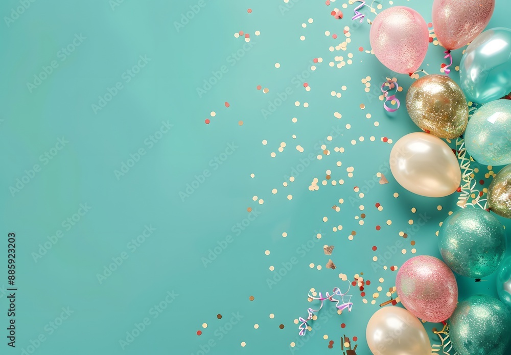 Teal Background with Balloons, Streamers and Confetti Teal Background with Balloons, Streamers and Confetti