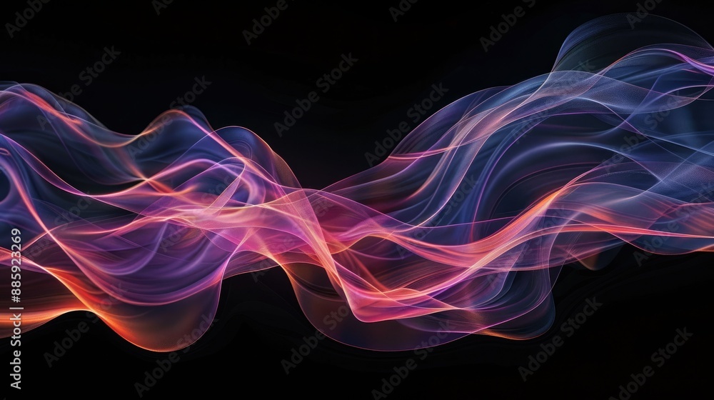 Naklejka premium Ethereal glowing lines floating gracefully on a black background, capturing the essence of digital artistry.