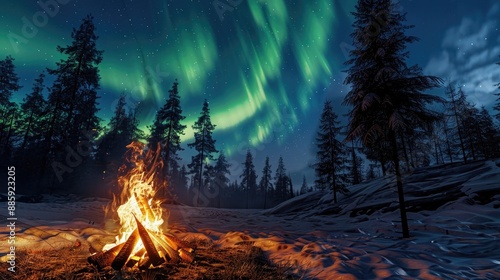 Bonfire in a serene winter forest, with the northern lights providing a stunning light show in the night sky. Aurora borealis creates an enchanting atmosphere over the campfire.