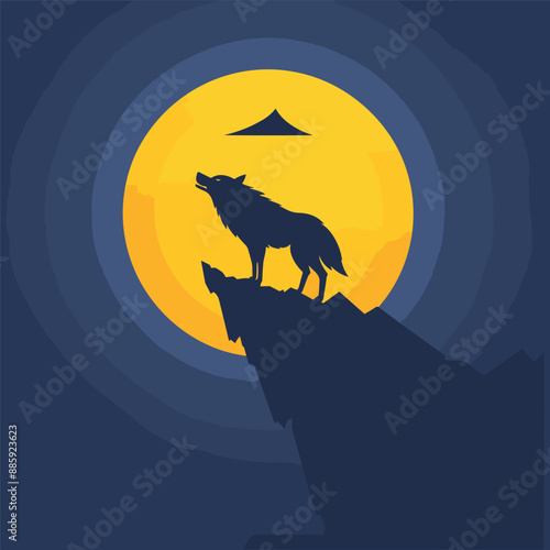 vector illustration of a wolf howling in the moonlight photo