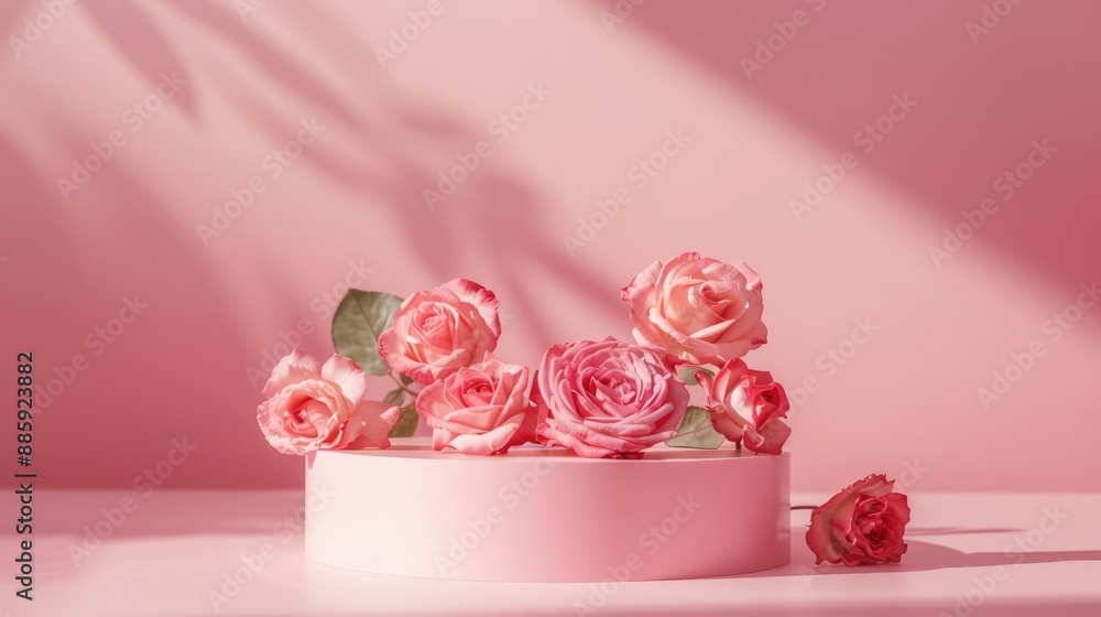 Pink podium with blooming roses, set on a light spring table for product photography Pink podium with blooming roses, set on a light spring table for product photography
