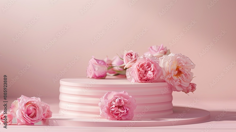 Pink podium with blooming roses, set on a light spring table for product photography Pink podium with blooming roses, set on a light spring table for product photography