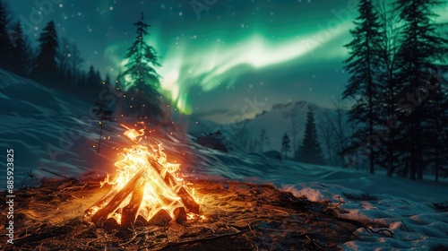 Campfire glowing warmly in a winter forest, with the northern lights providing a stunning light show above. Aurora borealis creates an enchanting backdrop for the bonfire.