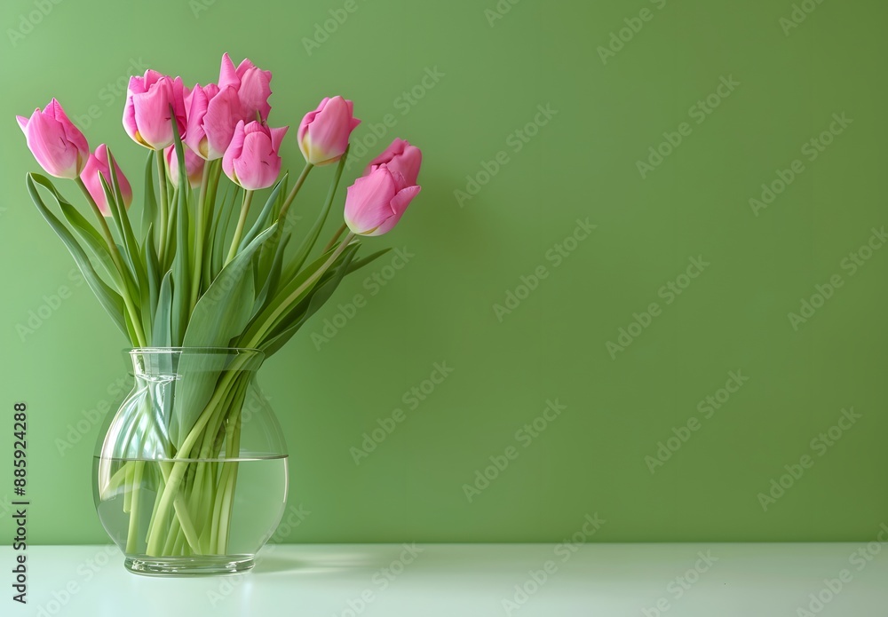Pink Tulips in Vase with Green Background Pink Tulips in Vase with Green Background