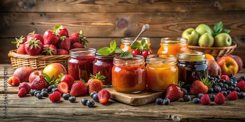 Rustic fruit jam and fresh fruit display on wooden table, bodegon, mermelada, frutas, frescas, naturales, tabla, r?stico photo