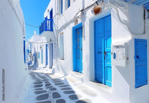 Fototapeta Naklejka Na Ścianę i Meble -  Mykonos Greece Whitewashed Alleyway with Blue Doors