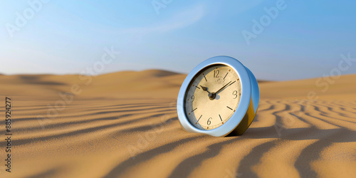 Minimalist circular clock immersed in sand, beach or desert and hot sky. Global warming or drought. A long time. Copy space.