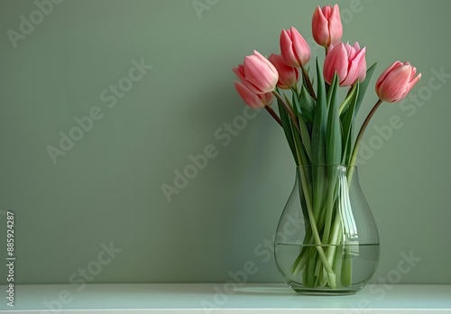 Pink Tulips in Glass Vase with Green Wall Background